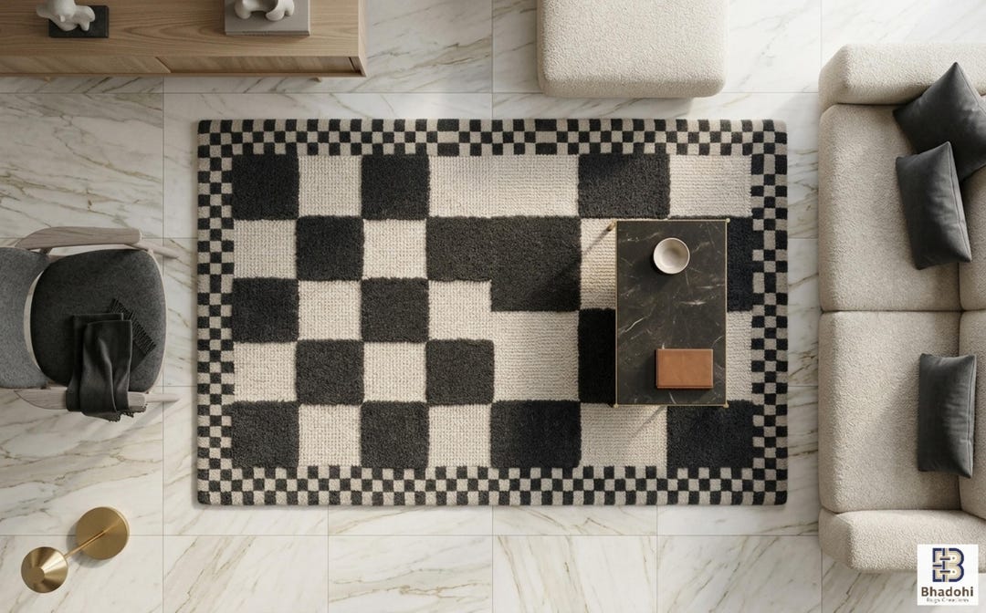 Faded Checkerboard Rug Hand Tufted Checkerboard Rug, Black Cream Retro Geometric Plush Floor ...