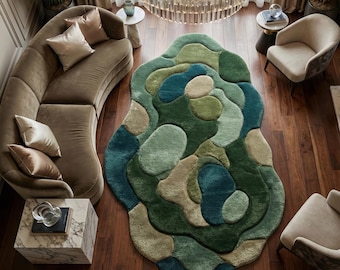 Hand Tufted Moss Pebble Rug – 3D Sculpted Wool Area Carpet