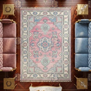 8x10 Pink Oushak Rug, Vintage Style Turkish Handwoven Rug, Colorful Tribal Pattern