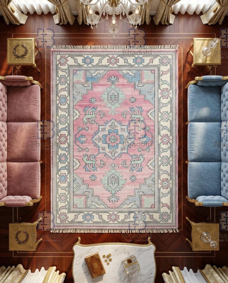 8x10 Pink Oushak Rug, Vintage Style Turkish Handwoven Rug, Colorful Tribal Pattern