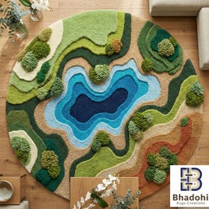 May include: A round, textured rug with a landscape design. The rug features a central blue lake surrounded by layers of green, beige, and brown, with tufted tree-like accents. The rug's design evokes a natural, topographical map.