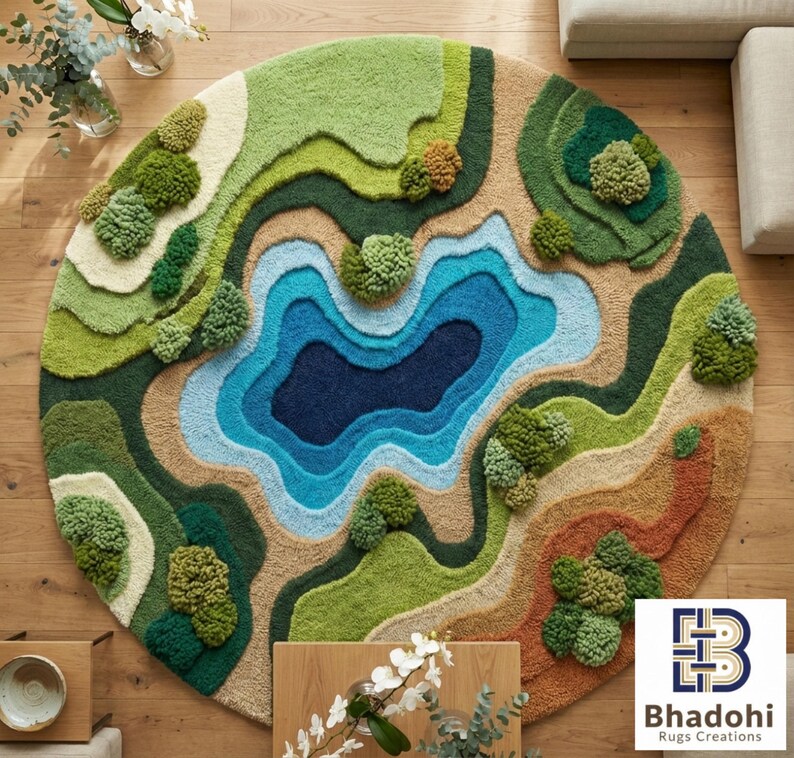 May include: A round, textured rug with a landscape design. The rug features a central blue lake surrounded by layers of green, beige, and brown, with tufted tree-like accents. The rug's design evokes a natural, topographical map.