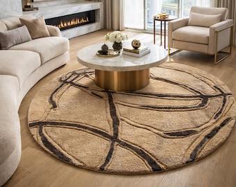Modern Abstract Round Wool Rug, Sculpted Organic Lines, Beige Brown
