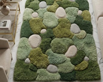 Moss Green Pebble Area Rug, Abstract Hand Tufted Wool Green Carpet