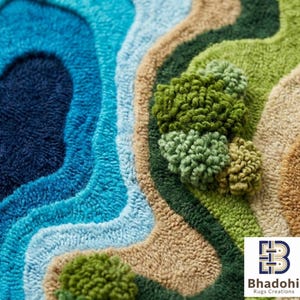 May include: A colorful rug with a landscape design. The rug features shades of blue, green, and tan, with textured areas resembling water and foliage. The design includes raised, tufted elements that add dimension to the rug's surface.