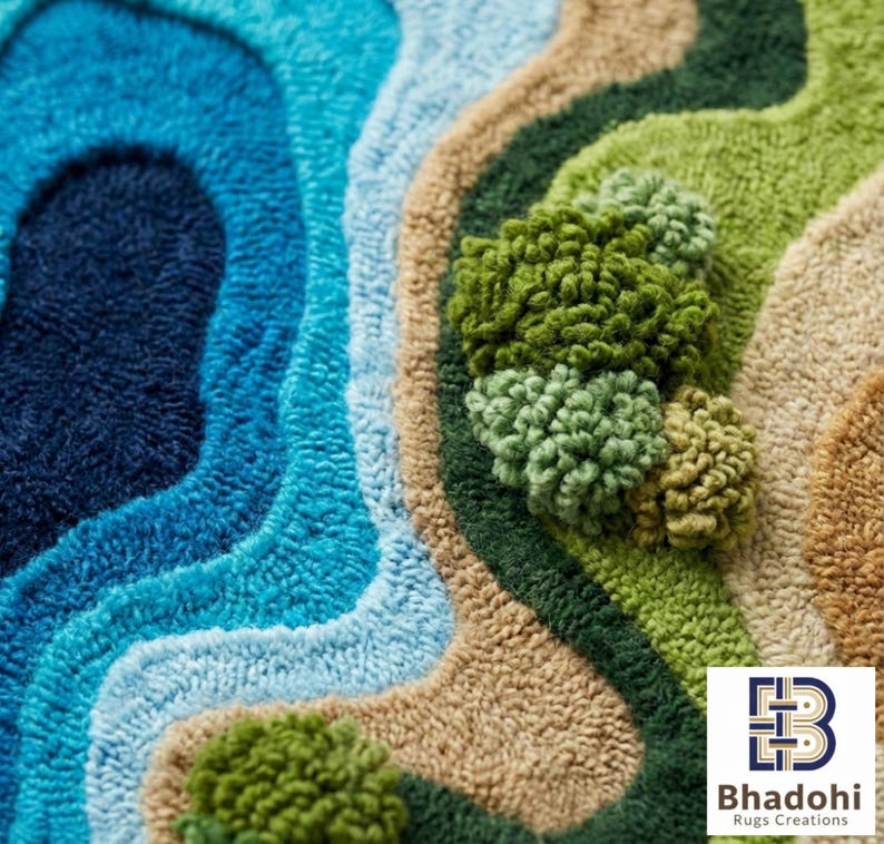 May include: A colorful rug with a landscape design. The rug features shades of blue, green, and tan, with textured areas resembling water and foliage. The design includes raised, tufted elements that add dimension to the rug's surface.