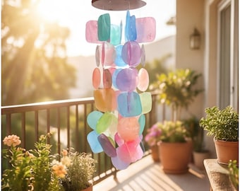 Rainbow Wind Chime Coastal Decoration | Capiz Shell Outdoor Hanging, Bali Style Garden Decor, Beach Accessory