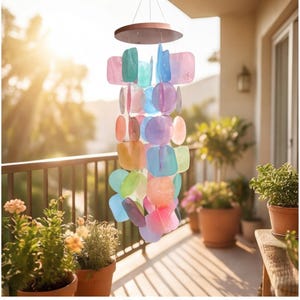 Rainbow Wind Chime Coastal Decoration | Capiz Shell Outdoor Hanging, Bali Style Garden Decor, Beach Accessory