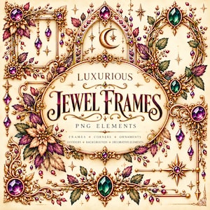 Könnte beinhalten: Eine Sammlung verzierter goldener Rahmen und dekorativer Elemente mit violetten und grünen Edelsteinen, Blumenmotiven und Sternakzenten. Der zentrale ovale Rahmen zeigt den Text LUXURIOUS JEWEL FRAMES PNG ELEMENTS FRAMES CORNERS ORNAMENTS.