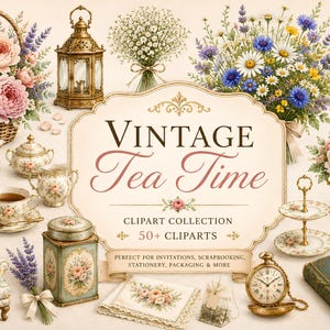 Könnte beinhalten: Eine digitale Clipart-Sammlung mit dem Titel Vintage Tea Time, die Blumenarrangements, einen Weidenkorb, eine Messinglaterne, ein Porzellan-Teeservice, einen gemusterten Sessel, eine Taschenuhr, ein altes Buch und Tee-Accessoires enthält.
