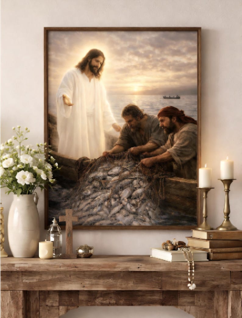 Jesus Miracle Fish Printable Wall Art, Biblical Fishing Scene ...