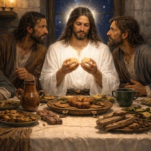 May include: A digital painting depicts a religious scene with three men at a table. The central figure, illuminated, holds two round loaves. The table is laden with food, and a starry night sky is visible through a window.