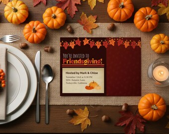 Plantilla de invitación para Acción de Gracias con amigos / Invitación editable para cena de otoño (Canva)