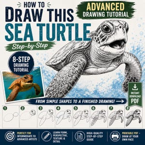 May include: A digital drawing tutorial titled How to Draw This Sea Turtle, featuring a detailed black and white illustration of a sea turtle, an 8-step instructional sequence, a color photograph of a sea turtle, and text indicating an instant PDF download.