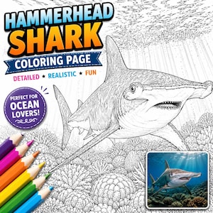 May include: A black and white line art coloring page featuring a hammerhead shark swimming over a coral reef. The text reads HAMMERHEAD SHARK COLORING PAGE, DETAILED REALISTIC FUN, and PERFECT FOR OCEAN LOVERS. A small color reference photo is included.