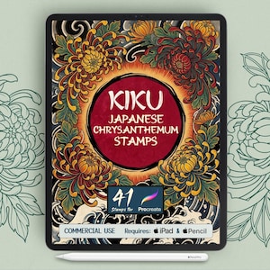 May include: A digital art product displayed on a tablet. The design features a red circle with the text "KIKU JAPANESE CHRYSANTHEMUM STAMPS." Surrounding the text are detailed illustrations of yellow and red chrysanthemums. The product includes 41 stamps for Procreate.