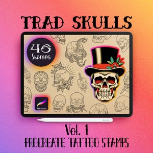 Może przedstawiać: Projekt grafiki cyfrowej z tabletem wyświetlającym 46 wzorów stempli tatuaży. Tablet pokazuje różne ilustracje czaszek, w tym jedną w cylindrze. Widoczny jest również tekst "TRAD SKULLS" i "Vol. 1 PROCREATE TATTOO STAMPS".