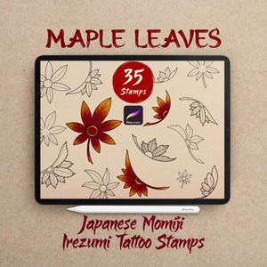 May include: A digital tablet screen displays 35 maple leaf stamps for Procreate, featuring line art and colored designs in red and orange. The text reads MAPLE LEAVES, 35 Stamps, and Japanese Momiji Irezumi Tattoo Stamps, with a white stylus below.