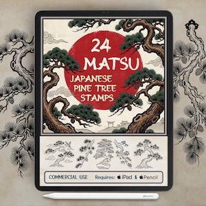 Puede incluir: Tableta digital que muestra un conjunto de arte digital de 24 sellos de pinos japoneses. El diseño incluye un círculo rojo con texto blanco e ilustraciones de pinos. La parte inferior de la imagen dice "Commercial Use Requires: iPad & Pencil". Un lápiz óptico blanco en la parte inferior.
