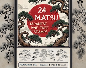 May include: A digital tablet screen displaying a graphic with a large red sun, stylised pine trees, and the text 24 MATSU JAPANESE PINE TREE STAMPS. Below are black and white line art pine tree illustrations, commercial use text, and iPad and Pencil icons.