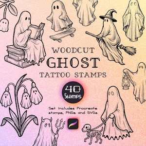 May include: A collection of black and white woodcut-style ghost illustrations featuring various characters, including a ghost reading on books, riding a skateboard, flying on a broom, and walking a skeleton dog. Text reads WOODCUT GHOST TATTOO STAMPS.