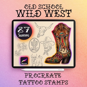 Pode incluir: Uma tela de tablet digital exibindo 87 carimbos para Procreate com designs do Velho Oeste. As ilustrações incluem um crânio de touro, um cacto em uma moldura de corda, uma caveira com chapéu de cowboy, um touro e uma bota de cowboy com um OVNI.