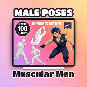 Stamp di pose maschili per Procreate / Oltre 100 pennelli per Procreate con uomini muscolosi in azione / Design di personaggi con fisico da culturista / Download digitale
