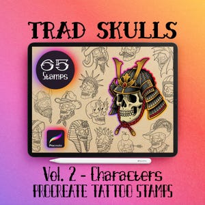 May include: A digital art design on a tablet featuring various skull illustrations, including a samurai skull. The tablet displays the text "TRAD SKULLS" and "65 Stamps." Below, it reads "Vol. 2 - Characters PROCREATE TATTOO STAMPS." A white stylus rests below the tablet.