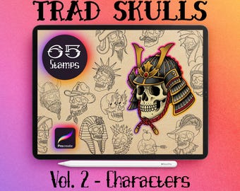 65 Procreate Skull Tattoo Stamps | Old School Character Skulls | Traditional Tattoo Reference Set Volume 2 | Digital Download