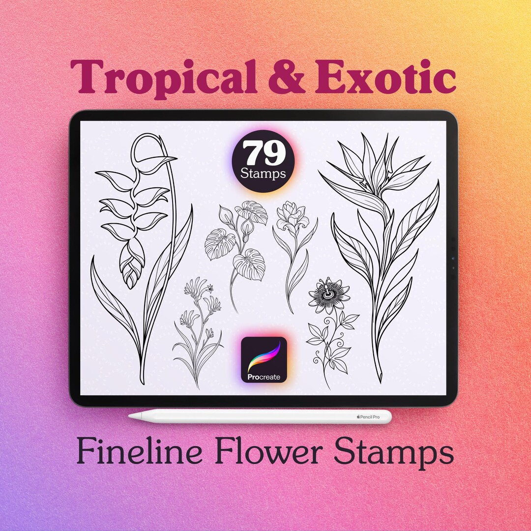 79 Tropical Flower Procreate Stamps | Botanical Fineline Tattoo Stamps ...