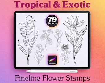 79 Tropical Flower Procreate Stamps | Botanical Fineline Tattoo Stamps | Exotic Floral Motif Brush Set