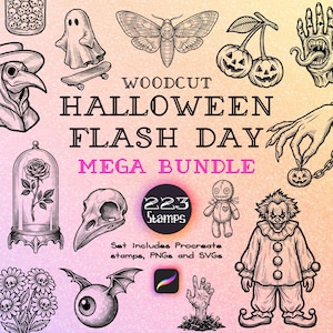 May include: A digital graphic collection titled WOODCUT HALLOWEEN FLASH DAY MEGA BUNDLE featuring 223 stamps. The black and white illustrations include a ghost on a skateboard, a moth, pumpkin cherries, a plague doctor, a rose in a cloche, a skull, a voodoo doll, a clown, and a winged eyeball.
