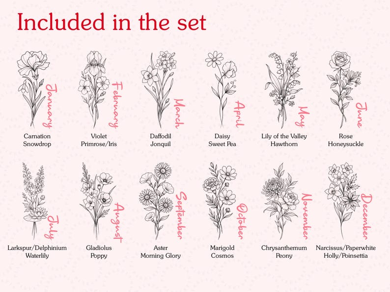 12 Birth Flower Bouquet Procreate Stamps | Floral Tattoo Design Brush ...