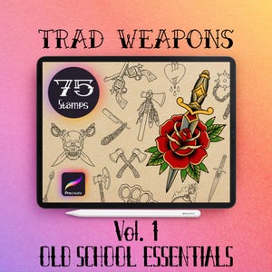 Puede incluir: Un conjunto de arte digital titulado "Trad Weapons Vol. 1 Old School Essentials" se muestra en una tableta. El conjunto incluye 75 sellos de diseños de tatuajes tradicionales, como dagas, rosas y calaveras. Un lápiz óptico blanco está debajo.