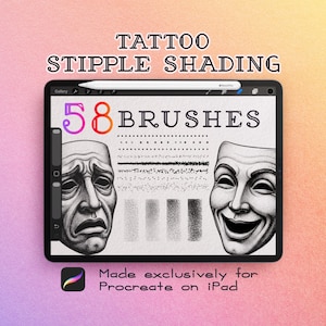 May include: A digital tablet screen displaying a set of 58 tattoo stipple shading brushes for Procreate. The screen features text reading TATTOO STIPPLE SHADING, 58 BRUSHES, and Made exclusively for Procreate on iPad, with illustrations of two masks.