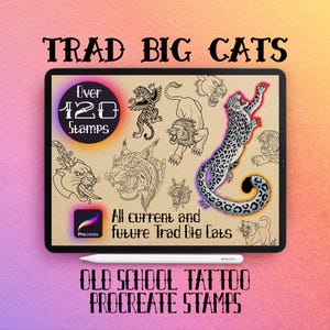 Puede incluir: Ilustración digital en una tableta con dibujos de tatuajes tradicionales de grandes felinos, incluyendo un leopardo, un tigre y un león. El texto dice "TRAD BIG CATS" y "OLD SCHOOL TATTOO PROCREATE STAMPS". La tableta está sobre un fondo degradado rosa y naranja.