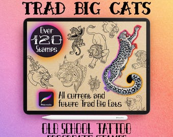 Big Cat Traditional Tattoo Procreate Stamps | Old School Lion Panther Tiger Snow Leopard Lynx | Lifetime Access Digital Download