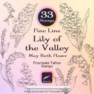 Puede incluir: Una colección digital de 33 sellos de línea fina de lirio de los valles para Procreate. La imagen presenta ilustraciones botánicas en blanco y negro de flores de nacimiento de mayo sobre un fondo degradado con el texto 33 Stamps, Fine Line Lily of the Valley, May Birth Flower, Procreate Tattoo Stamps y Made exclusively for Procreate on iPad.