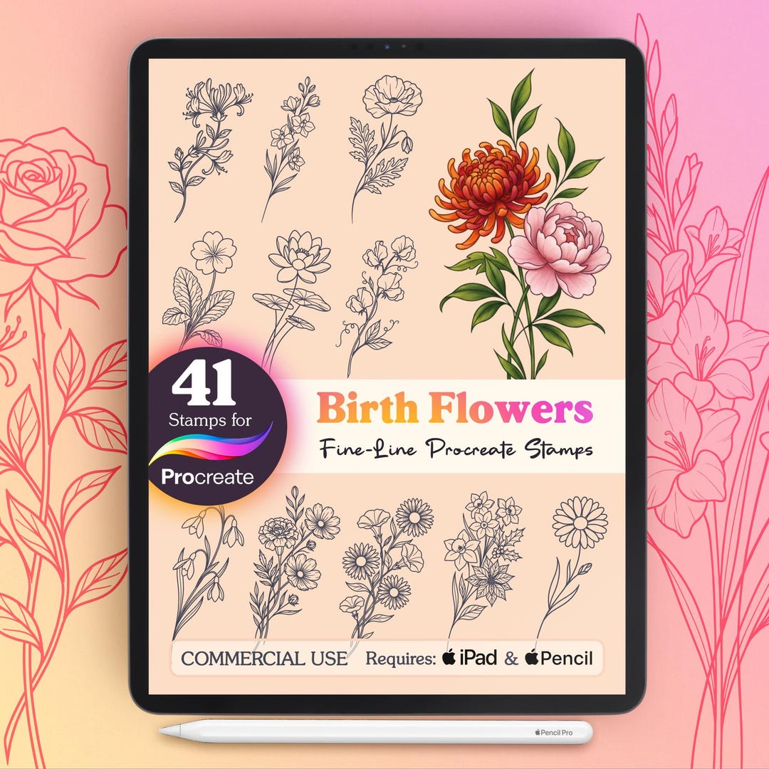41 Birth Flower Procreate Stamps Bundle | Fine Line Floral Outline ...