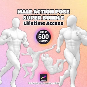 May include: A digital bundle featuring white, muscular, featureless human figures in various action poses. The text reads MALE ACTION POSE SUPER BUNDLE Lifetime Access, OVER 500 STAMPS, and Exclusively for Procreate on iPad, with a Procreate app icon.