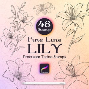 48 tampons Procreate Lys Fine Line | Pinceaux pour tatouage floral | Référence du dessin au trait fleur botanique