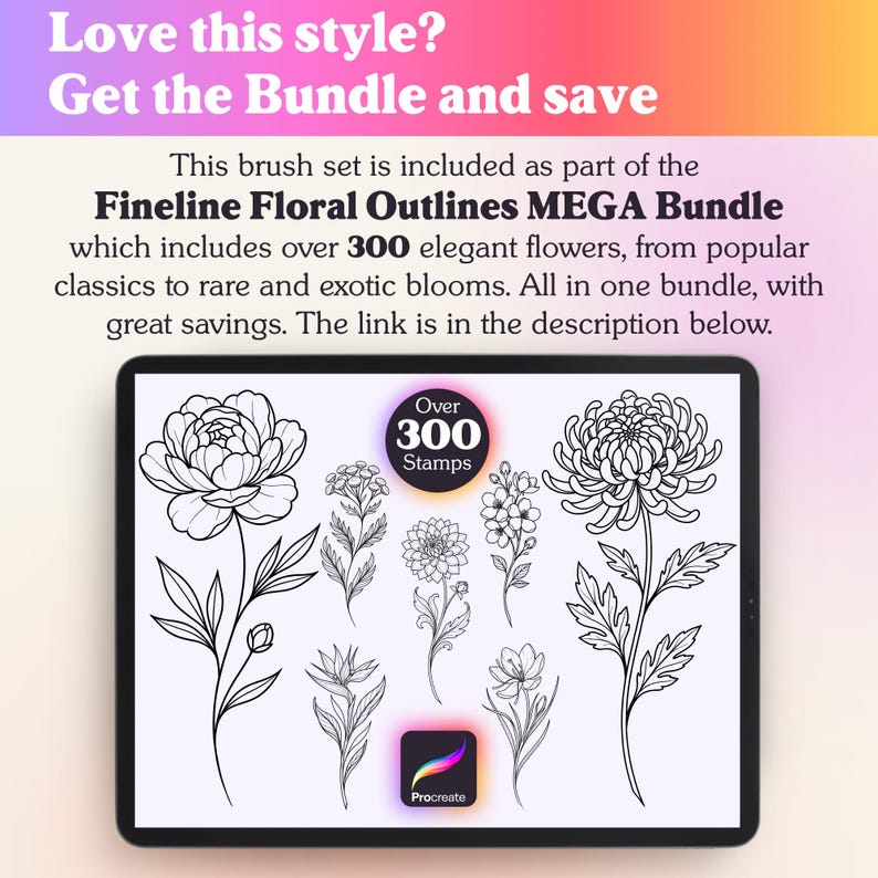 53 Cottage Garden Flower Outlines | Floral Procreate Stamps Bundle ...