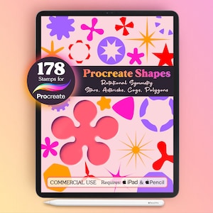 May include: A digital tablet screen displaying a collection of 178 Procreate shapes including stars, asterisks, cogs, and polygons in various colors. The text reads Procreate Shapes, Rotational Symmetry, Stars, Asterisks, Cogs, Polygons, and COMMERCIAL USE.