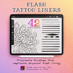May include: A digital tablet screen displaying a set of 42 tattoo liner brushes for Procreate. The screen shows a black and white line art drawing of a chrysanthemum flower alongside various black brush stroke samples and the text 42 BRUSHES.