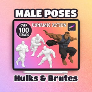 100+ Male Hulk Pose Procreate Stamps | Comic Brute Action Poses | Huge Physique Character Design | Digital Download