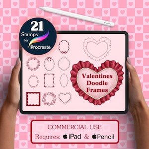 21 Procreate-ramstämplar – Alla hjärtans dag-klotterramar, hjärtkanter och blomsterkransar | iPad-stämpelpenselpaket (kommersiellt bruk)