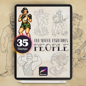 May include: A digital art set displayed on a tablet, featuring tattoo-style illustrations of people. The set includes a boxer, a devil, a cowboy, a strongman, and a flapper girl. Text reads "Old School Essentials People" and "35 Stamps".