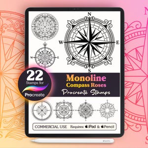 Puede incluir: Una pantalla de tableta digital que muestra una colección de 22 sellos de rosas de los vientos monoline en blanco y negro para Procreate. La pantalla presenta varios diseños náuticos complejos, el texto Monoline Compass Roses Procreate Stamps y un lápiz óptico blanco debajo de la tableta.