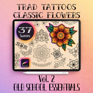 37 Flower Tattoo Procreate Stamps | Old School American Traditional | Stylised Floral Set Vol. 2