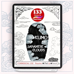 May include: Digital art stamps for Procreate featuring 133 Japanese cloud designs. The image shows a tablet displaying a black and white illustration of clouds with the text "KUMO JAPANESE CLOUDS". The design is for commercial use and requires an iPad and Pencil.